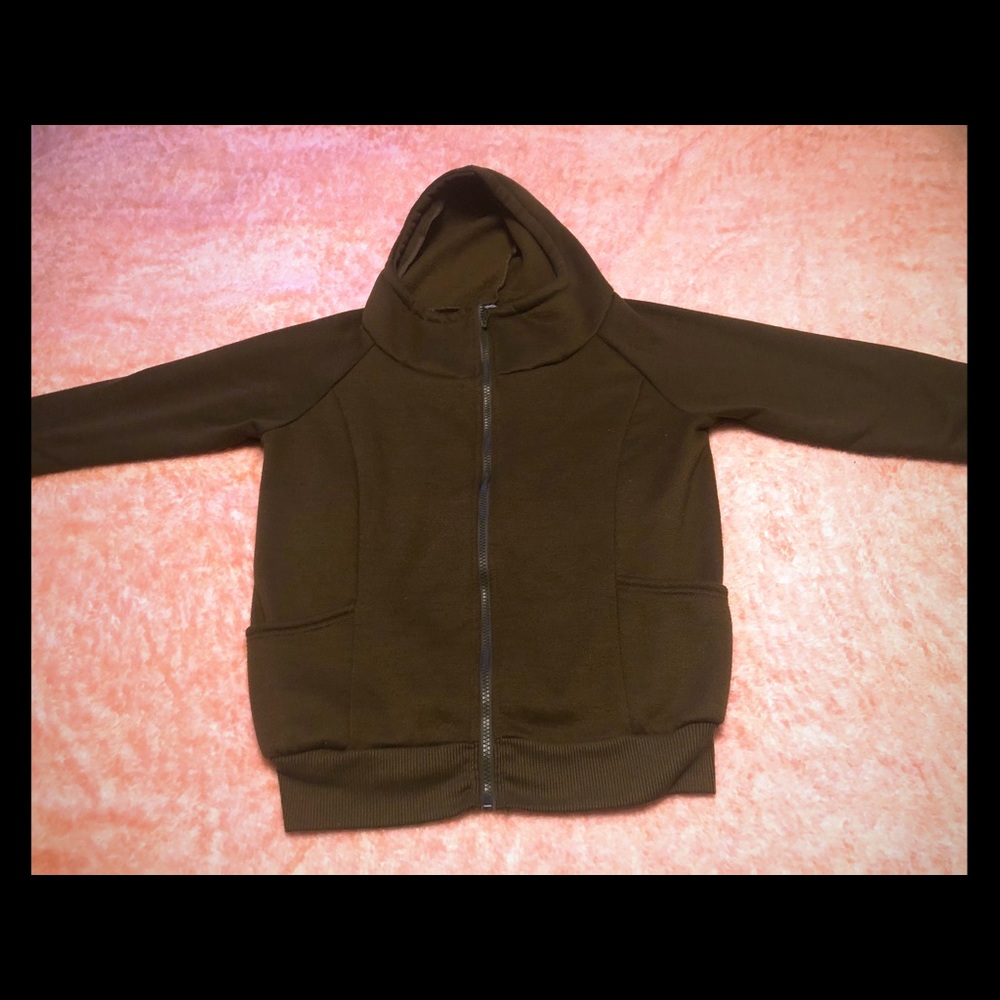 Olive green zip up hoodie.